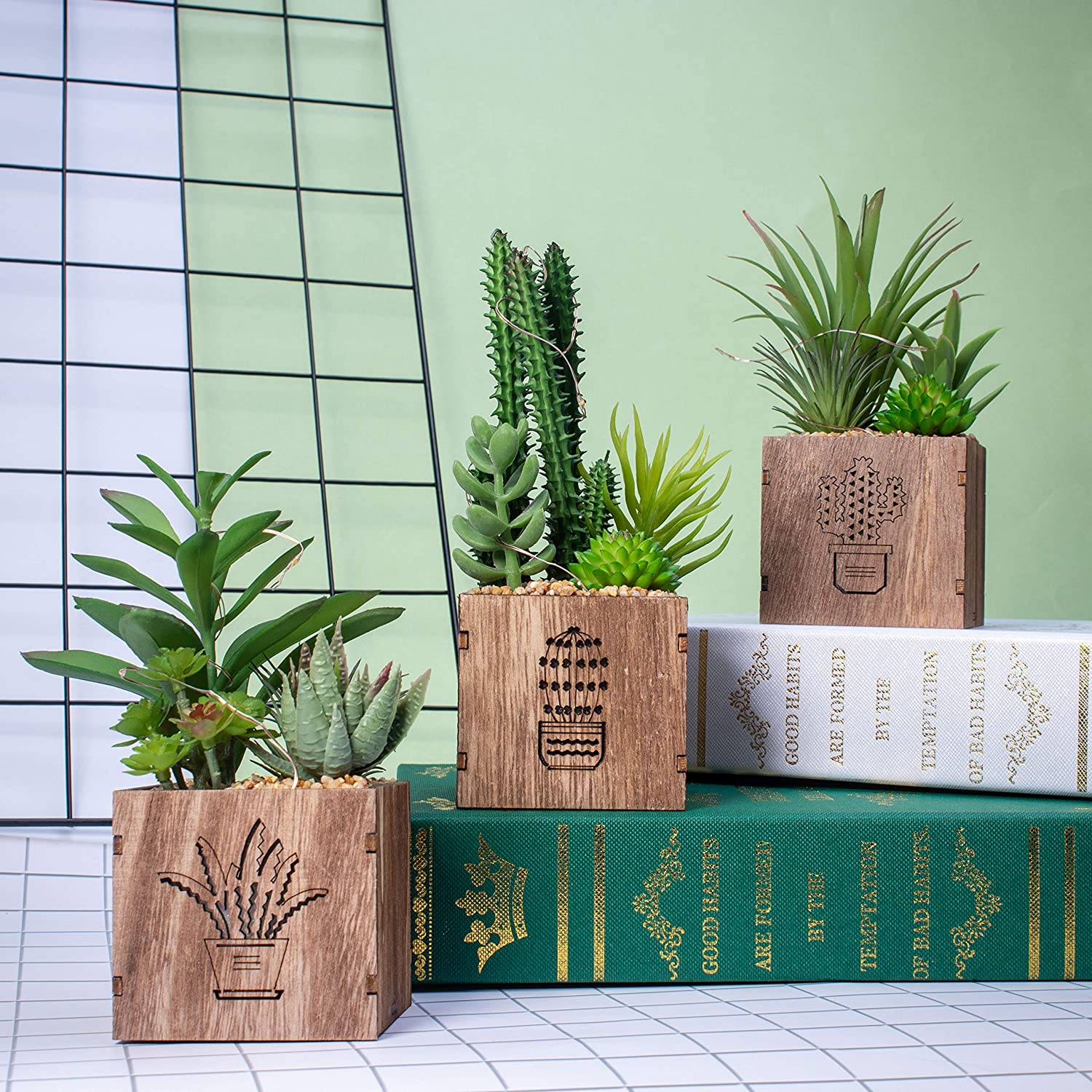 BEGONDIS Set of 3 Artificial Succulents with Led Lights in Wooden Box - Image 2