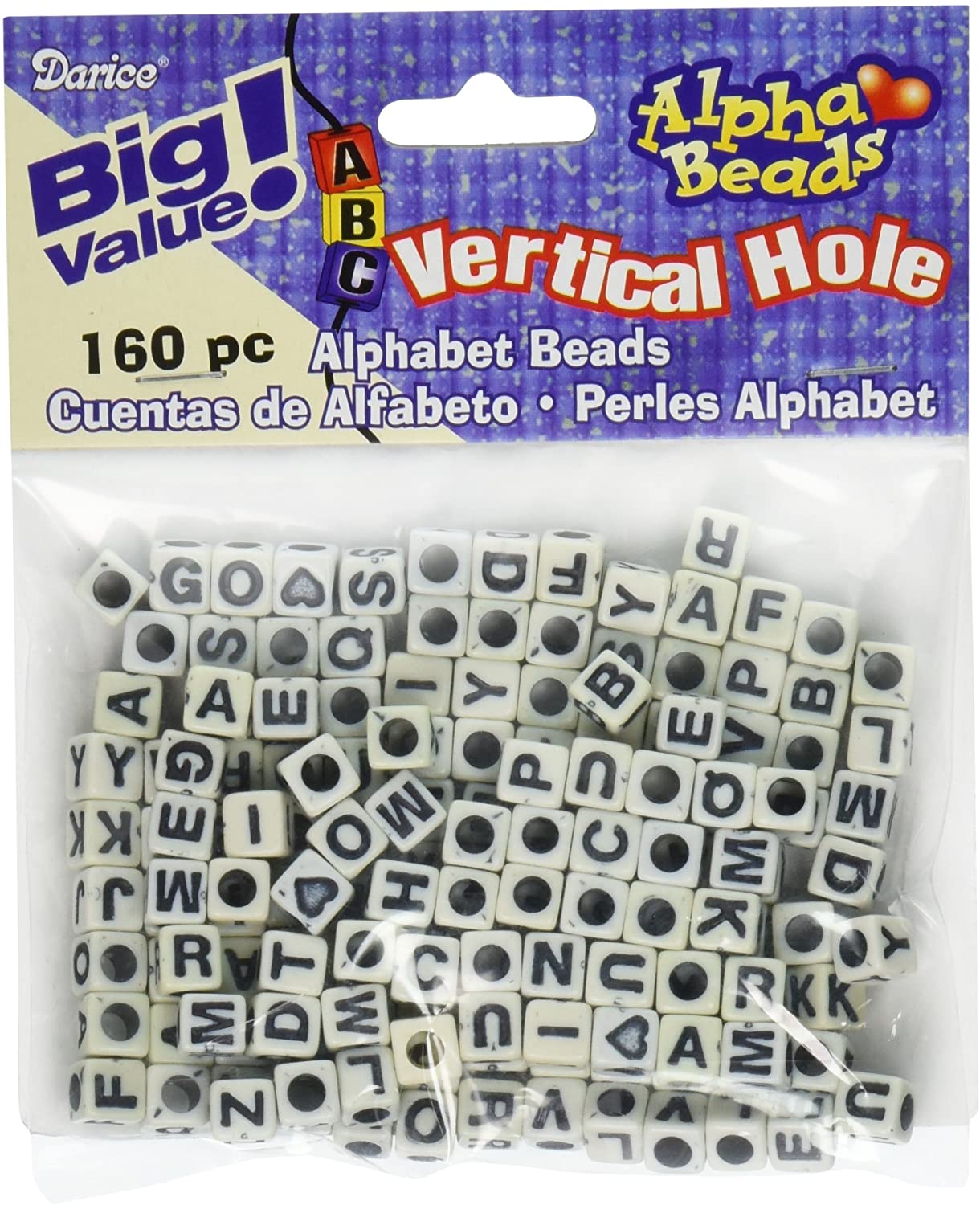 Darice Alphabet Beads 6mm 160/Pkg-White W/Black Letters, Transparent