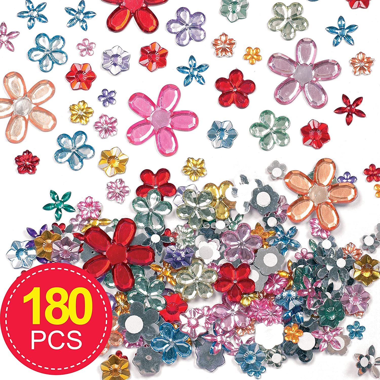 Baker Ross EK670 Self-Adhesive Acrylic Flower Jewels, for Kids Arts and Crafts Embellishments (Pack of 180), Assorted