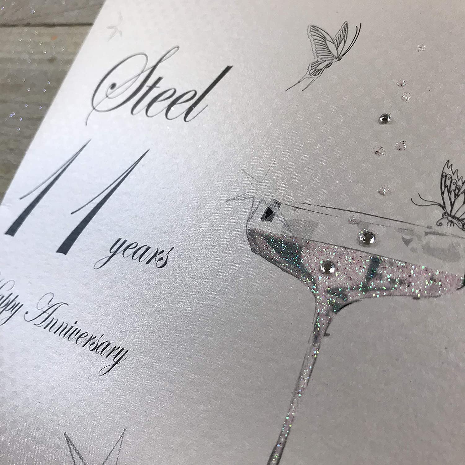 White Cotton Cards BD111C Coupe Glass "Happy Anniversary 'Steel' 11 Years" Handmade Anniversary Card, White - Image 3