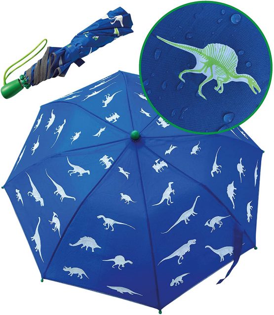 HECKBO Dino Magic Umbrella - changes color in the rain - folding umbrella: fits into any backpack - with reflectors on all sides - wooden handle & protective caps - protective case for storage