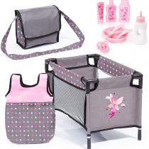 Bayer Design 61766AB, Care Set for Toddlers with many accessories, bed, shoulder, doll sleeping bag, 11 pcs, Grey, Pink with FAIRY