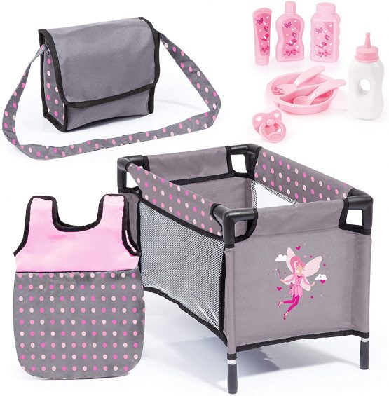 Bayer Design 61766AB, Care Set for Toddlers with many accessories, bed, shoulder, doll sleeping bag, 11 pcs, Grey, Pink with FAIRY