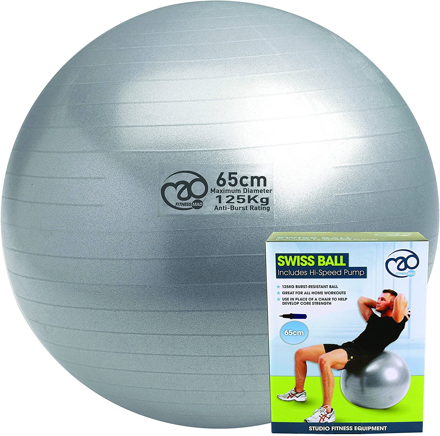 Fitness Mad 150Kg Anti Burst Swiss Ball (3 Sizes) Comes with Pump, silver, 65cm