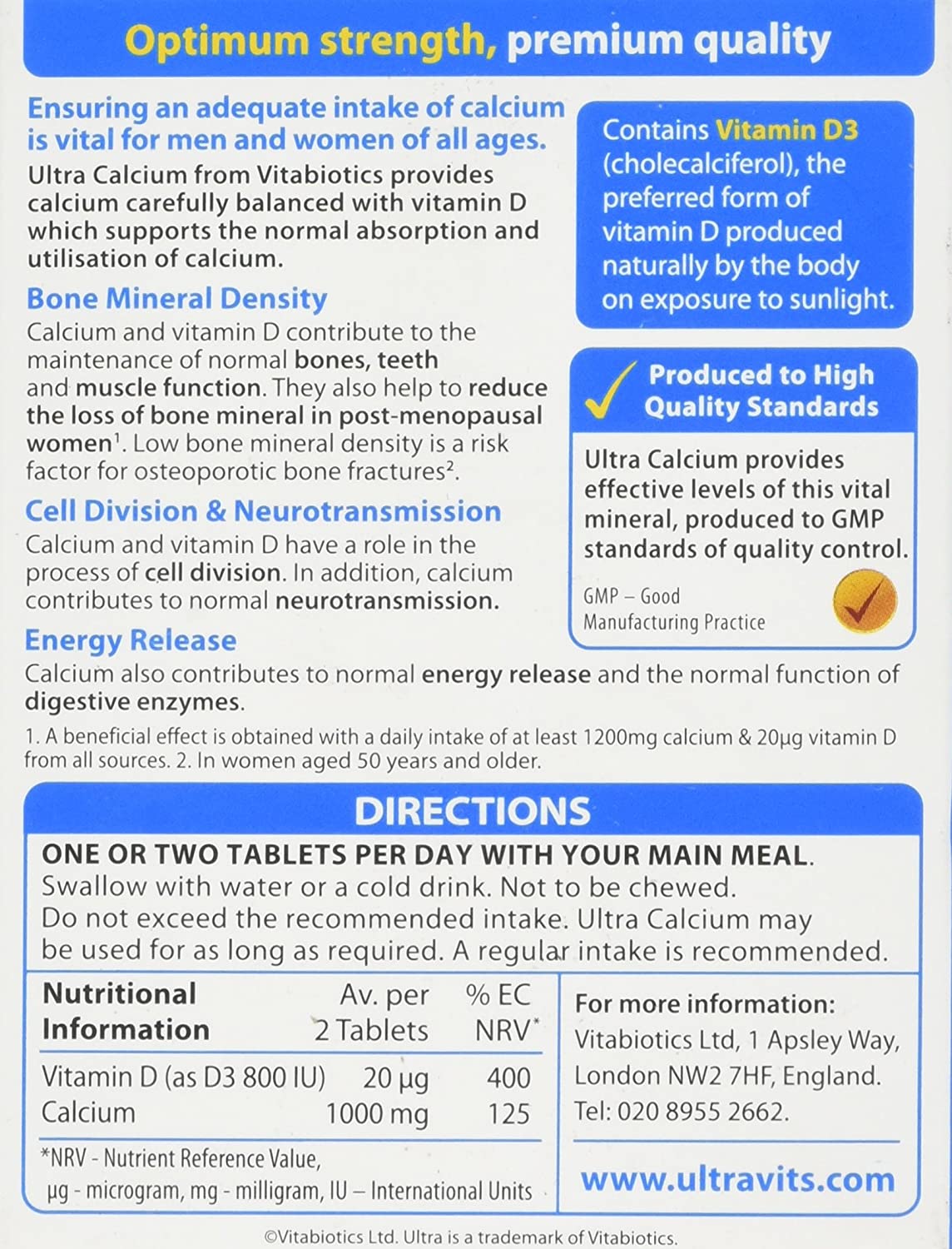 Calcium and Vitamin D Tablets, Vitabiotics Ultra (Pack of 1), 30 count (Pack of 1) - Image 2