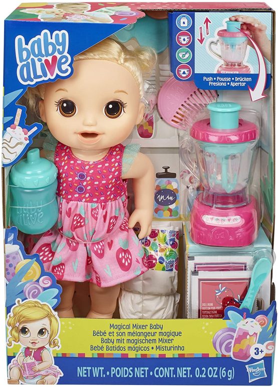 Baby Alive Magical Mixer Baby Doll Strawberry Shake with Blender Accessories, Drinks, Wets, Eats, Blonde Hair Toy for Children Aged 3 and Up