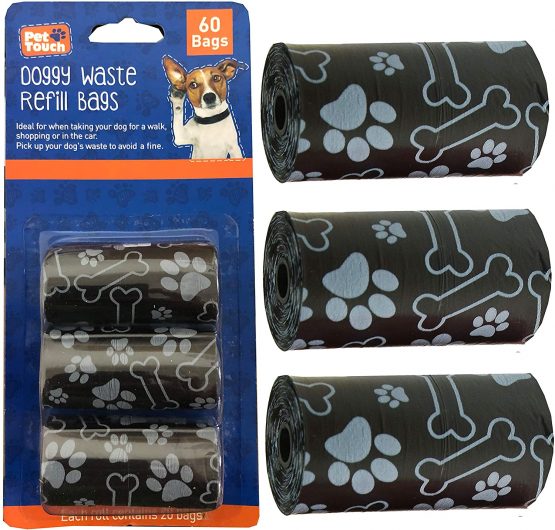 Pet Touch DOGGY WASTE REFILL BAGS POOP SCOOP REFILLABLE 60 BAGS 4 COLOURS POO BAGS FOR DOGS (Black)