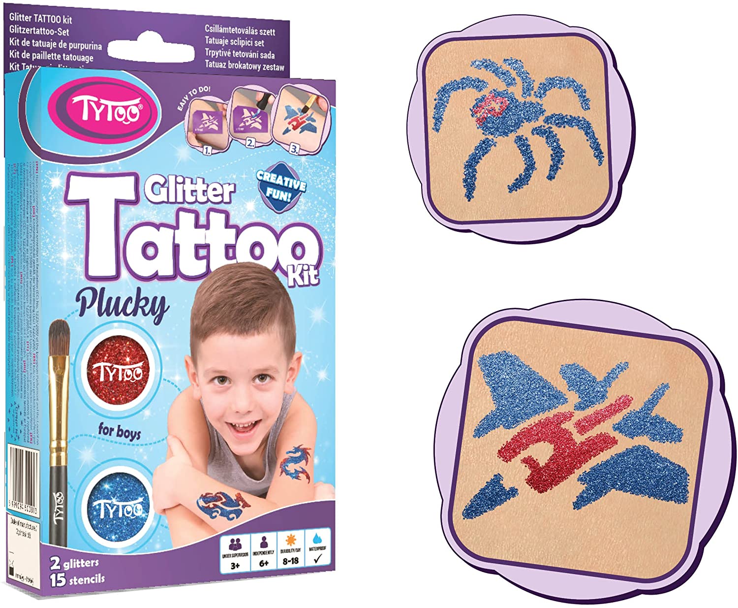 Glitter Tattoo Kit for Boys with 15 amazing stencils - HYPOALLERGENIC AND CRUELTY FREE - 8-18 lasting temporary tattoos - Image 4
