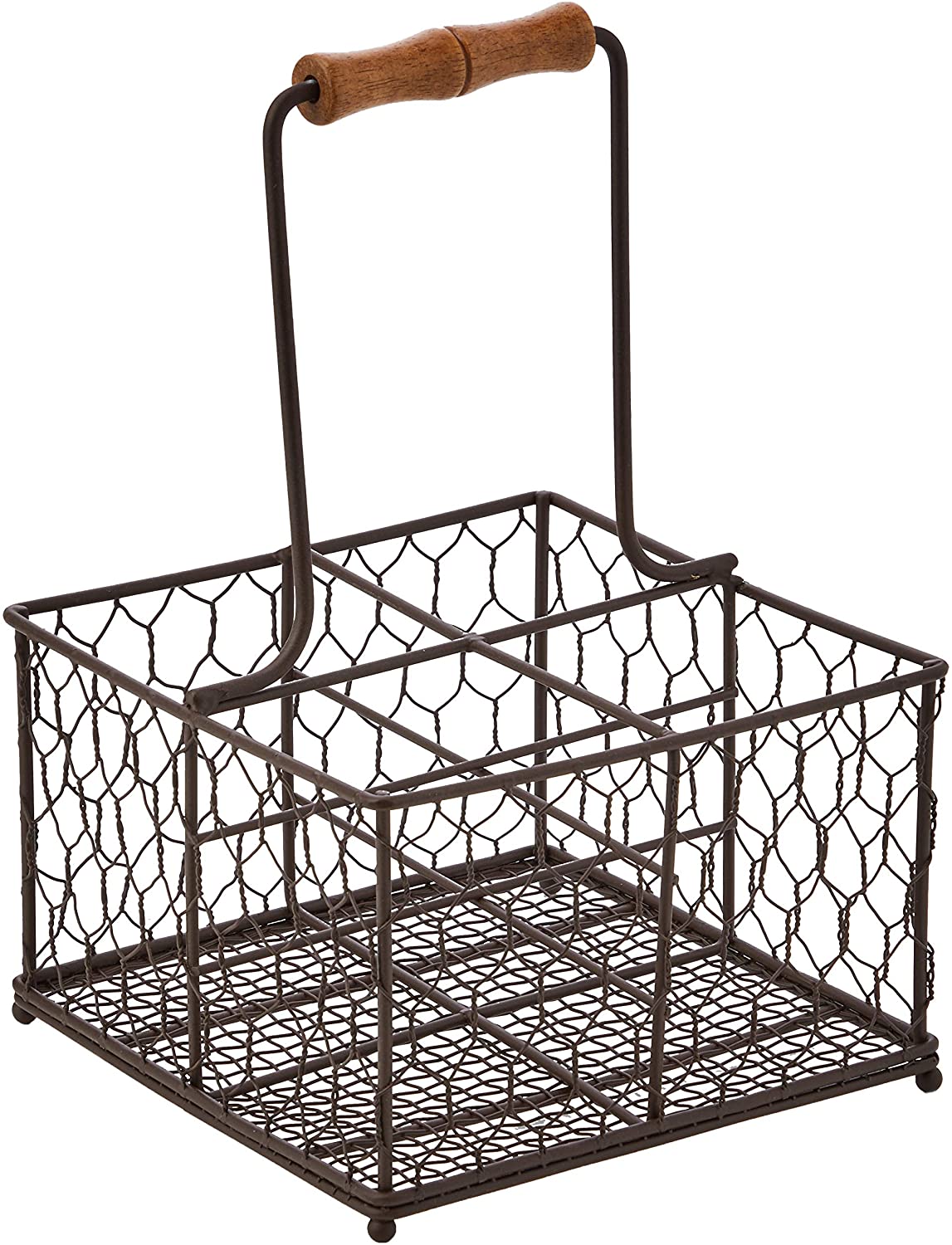 T&G 23002 Provence Wireware 4-Bottle Holder with Aged Wooden Handle, Rustic Brown, 19.7 x 19.7 x 30 cm