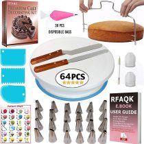 RFAQK 65 PCs Cake Decorating Kit Set with Cake Turntable-Cake leveler-24 Numbered Piping Tips with Pattern Chart & EBook- Straight & Offset Spatula-30 Icings Bags- 3 Icing Smoother Scraper Set…