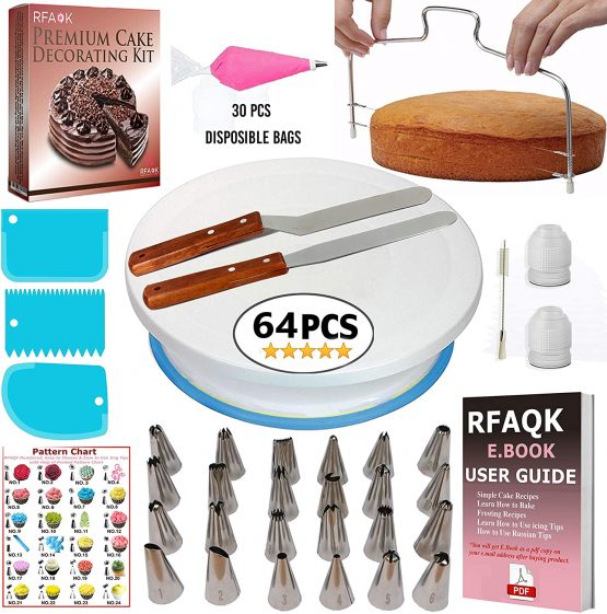 RFAQK 65 PCs Cake Decorating Kit Set with Cake Turntable-Cake leveler-24 Numbered Piping Tips with Pattern Chart & EBook- Straight & Offset Spatula-30 Icings Bags- 3 Icing Smoother Scraper Set…