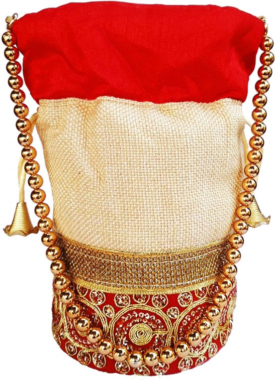 Purpledip Rich Velvet & Jute Potli Bag (Clutch, Drawstring Purse, Evening Handbag) For Women With Gold Embroidery Work and Golden Beads String, Red (11477) - Image 2