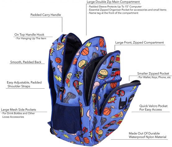 FRINGOO® Girls Boys Multi-compartment School Backpack Waterproof Fits Laptop 17'' (H:44cm*L:29cm*W:21cm, Boys Doodles) - Image 4