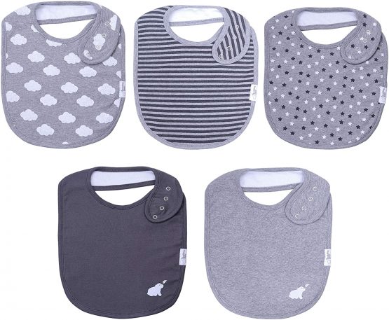Budding Bear Premium Baby Feeding Bibs (Pack of 5) - 100% Organic Cotton Front and Absorbent Towel Backing - Baby Bibs for Girls and Boys with 4 Adjustable Nickel Free Snap Buttons - Grey
