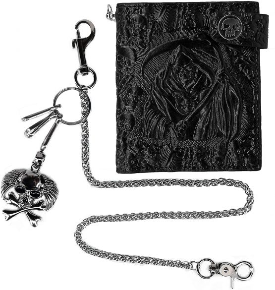 ABC STORY Mens Leather Front Pocket Small Biker Wallet with Key Ring Chain Black