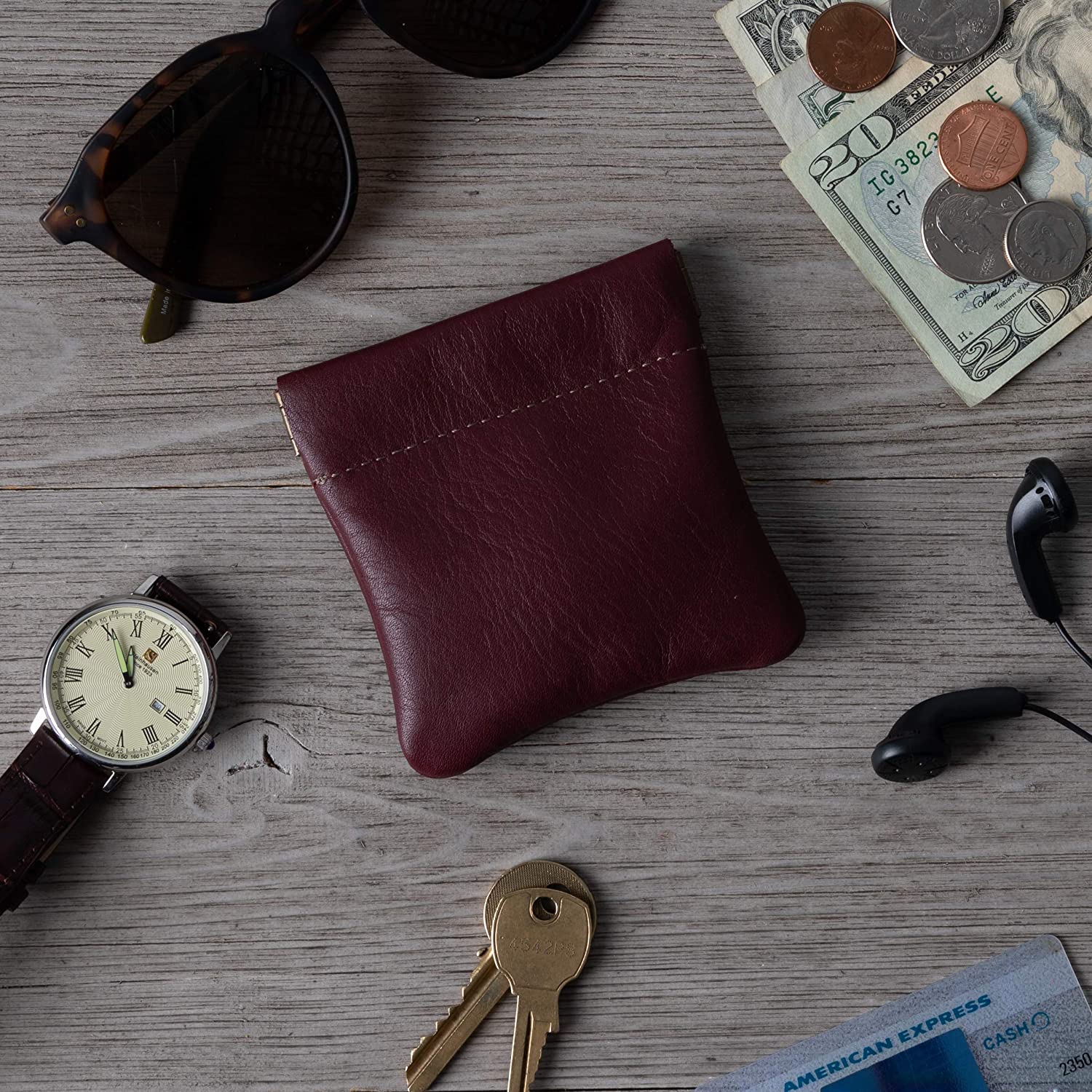 Nabob Leather Unisex adult Genuine Leather Squeeze Made IN U.S.A Change Holder Coin Purse, Medium Size 3.5 X 3.5, Burgundy - Image 2