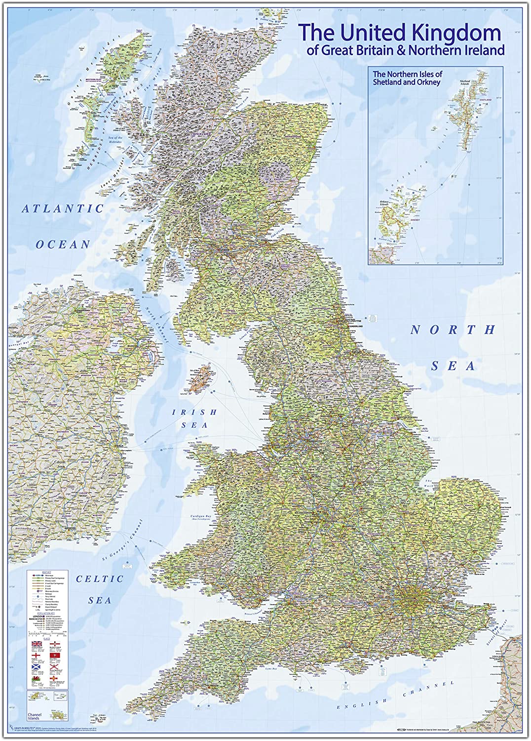 Close Up XXL Premium MAP United Kingdom Giant Poster - 2020 - Great Britain, England - MAPS IN MINUTES 100 x 140cm / 39 x 55in