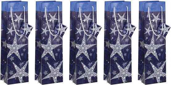 SIGEL GT027 Christmas Bottle Gift Bag "Shining Stars", 10 x 35 x 8 cm, 5 pcs.