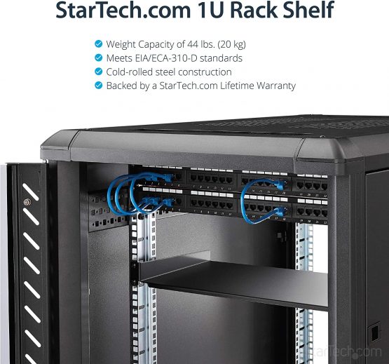 StarTech 1U Fixed Server Rack Mount Shelf - 10in Deep Steel Universal Cantilever Tray for 19" AV/ Network Equipment Rack - Heavy Duty Steel - Weight Capacity 44lbs/20kg, Black (CABSHELF1U10) - Image 2