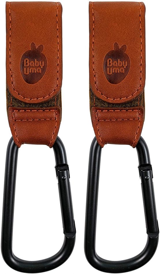 Brown Buggy Clips by Baby Uma - Award Winning: MadeforMums & LovedByParents Awards. Leather Style Pushchair Hooks, Brown, 2 Pack