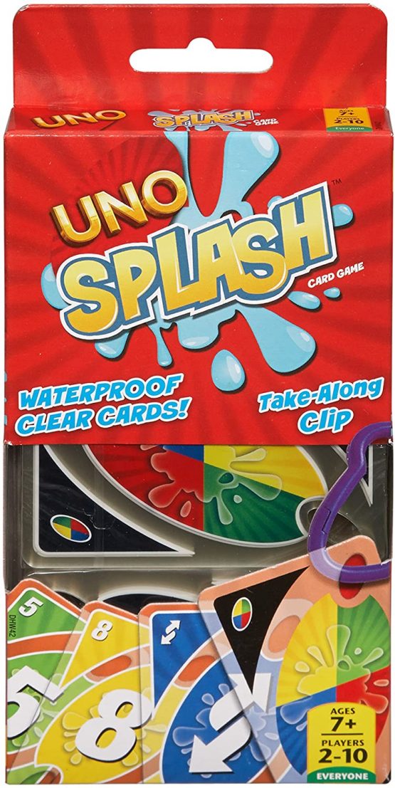 Splashplastic Card UNO Splash Card Game, 108 durable, waterproof plastic cards plus clip ...