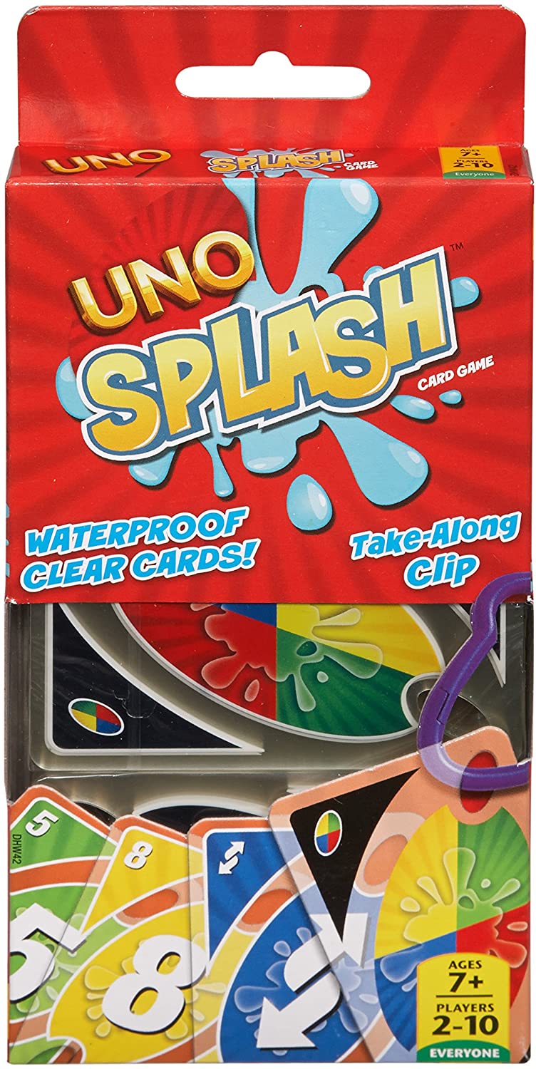 UNO Splash Card Game, 108 durable, waterproof plastic cards plus clip. Makes a Great Gift for Ages 7 and older