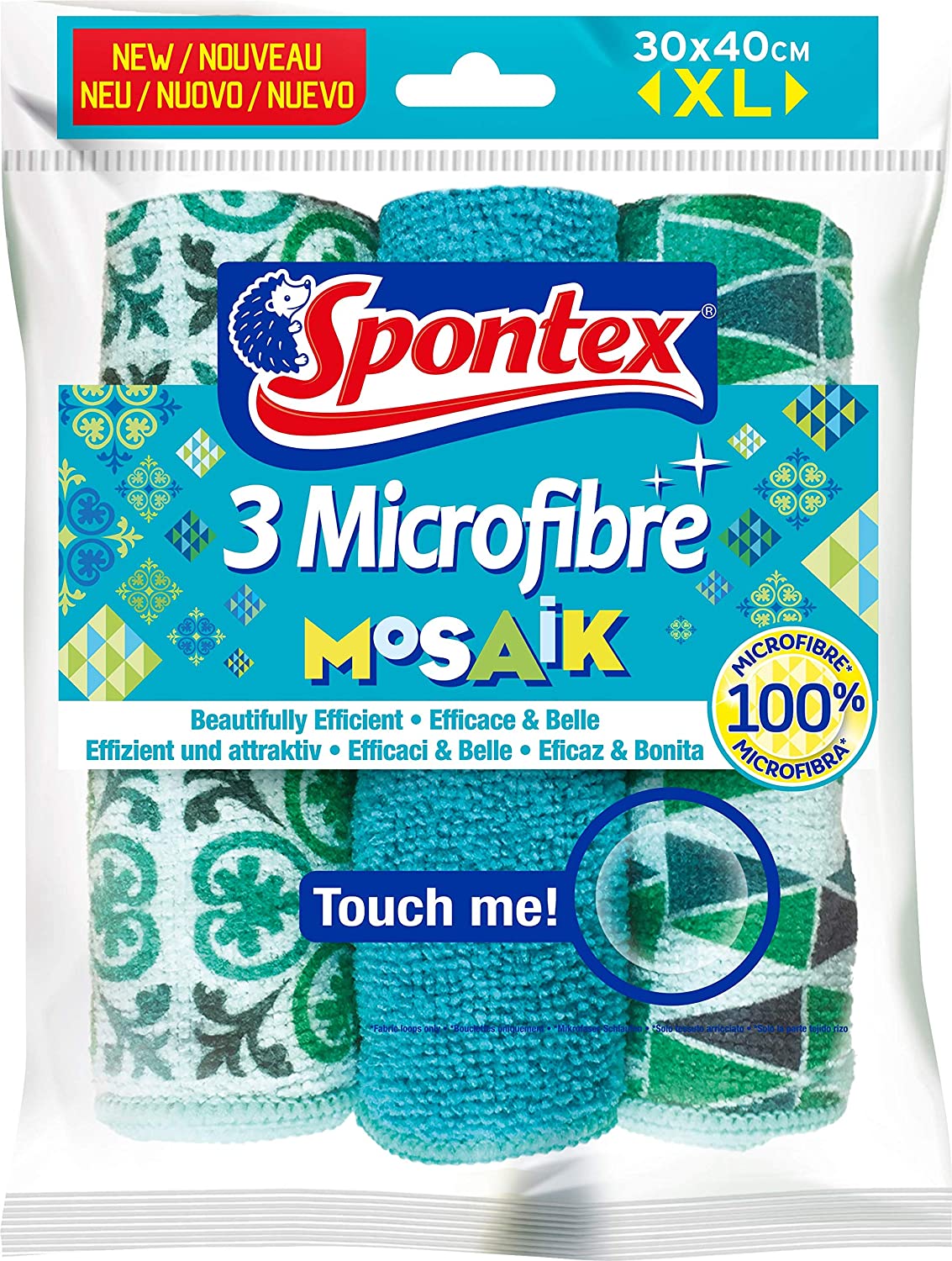 Spontex 3 Mosaik Microfibre Cloths, 40 x 30 cm Cleaning Cloths, Blue, XL (3 Count)