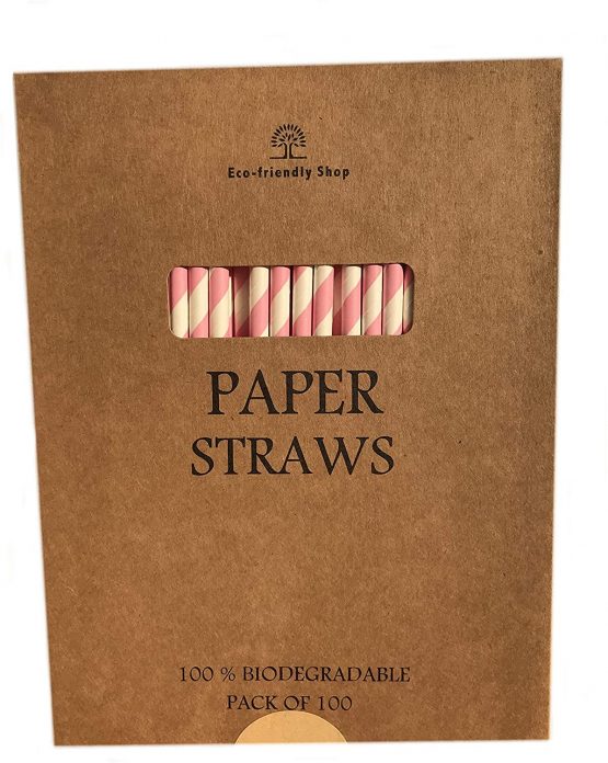 Paper Straws Drinking 100 Striped Biodegradable Boxed Straws for Childrens Parties Weddings (Baby Pink) - Image 2