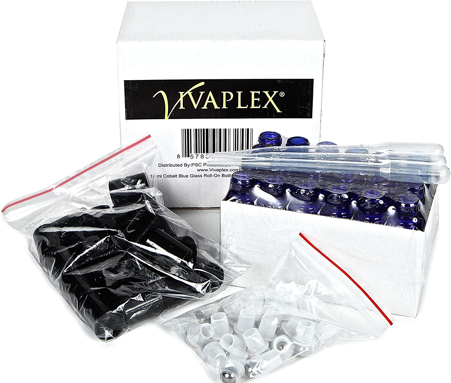 Vivaplex 24 count, cobalt blue, 10 ml glass roll-on bottles with stainless steel roller balls, 3-3 ml droppers included - Image 3