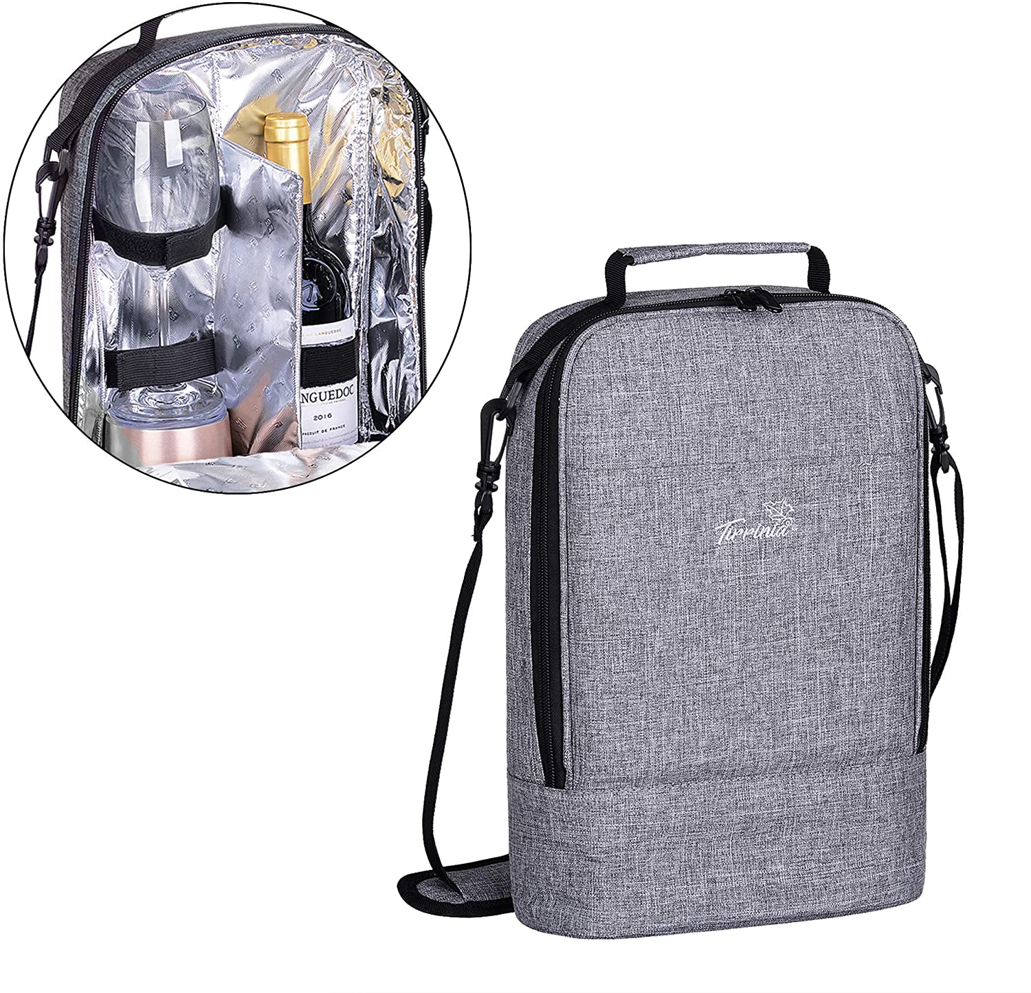 Kato Tirrinia Insulated 2 Bottle Wine Cooler Bag - Wine Cooler Tote Carrier for Picnic Beach, Wine Lover Gift, Grey