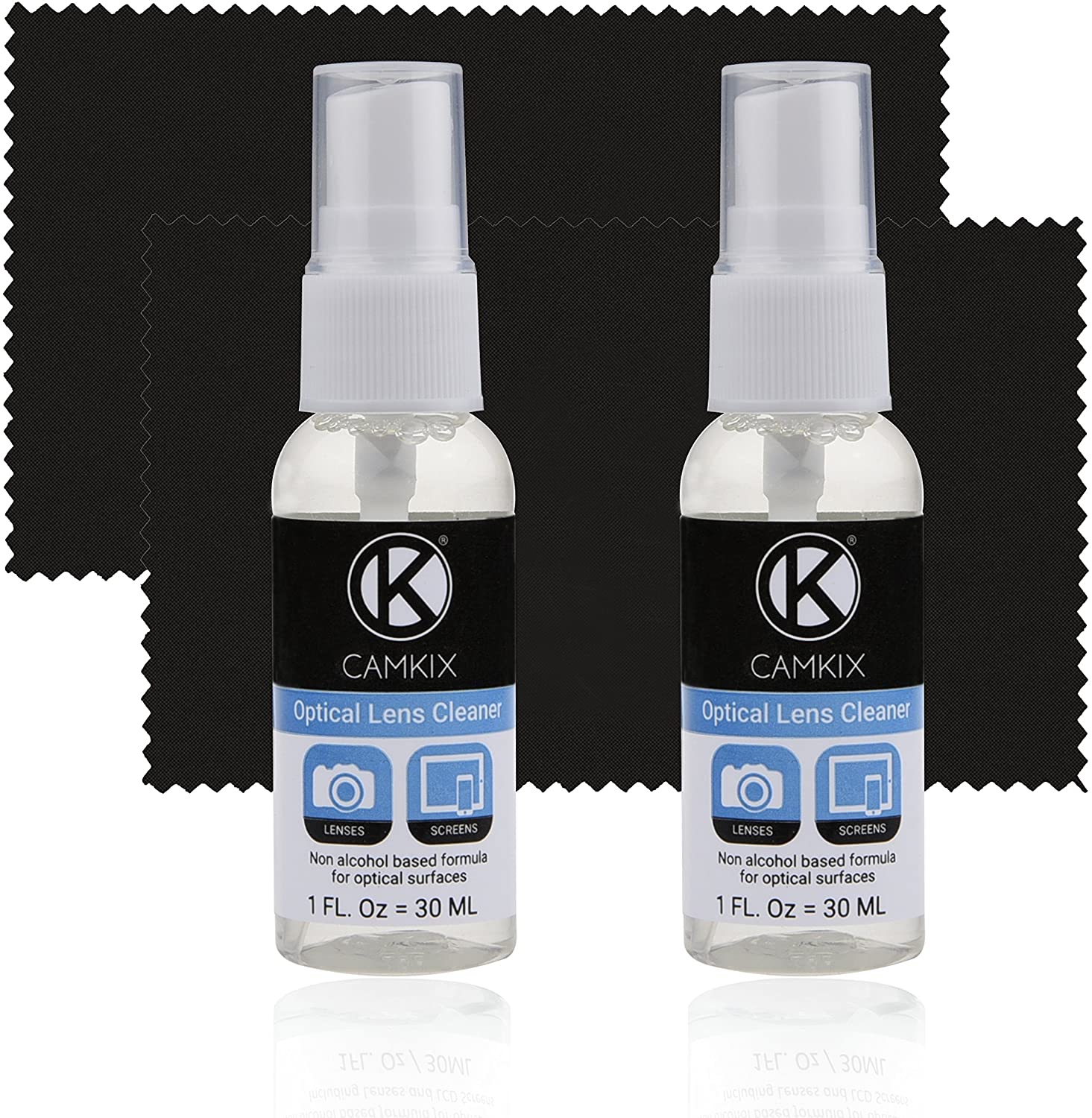Camkix Lens and Screen Cleaning Kit - 2x cleaning spray, 2x microfiber cloth - Perfect to clean the lens of your DSLR or camera - Also great for your smartphone, tablet, notebook, etc.
