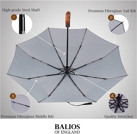 Balios Travel Umbrella Wood Handle Auto Open Close Single Canopy Herringbone - Image 2