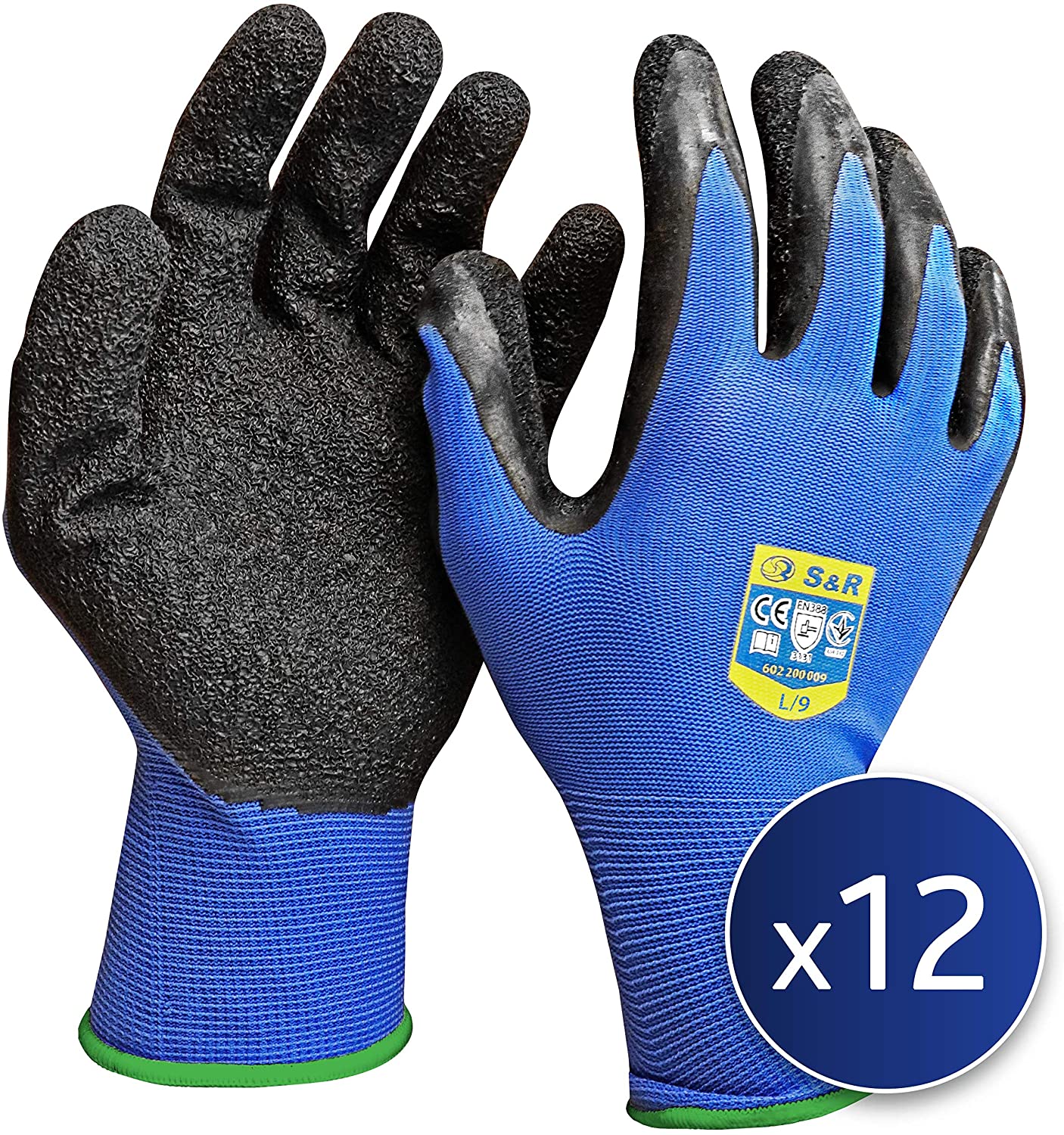 S&R Work Gloves - 12 works, Size L/9, Latex-Coated Nylon Protective Gloves for Indoor & Outdoor Use, black/blue, L (Pack of 24)