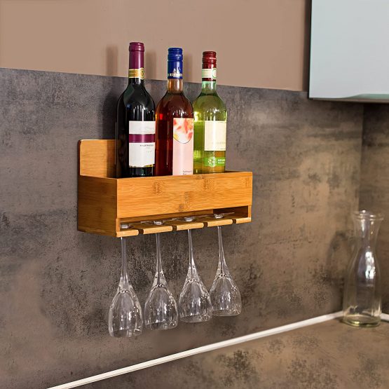 Relaxdays Wine Shelf With Glass Holder: 17 x 37 x 11.5 cm Bottle Stand Bamboo With Space For 4 Bottles & 4 Glasses Wall-Mounted Hanging Wooden Shelf As Bottle Holder, Natural Brown - Image 2