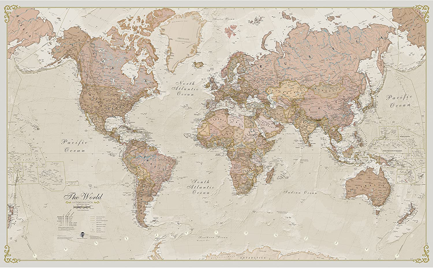 Giant World Map - Antique World Map Poster - Laminated - 201 x 116, Multi-coloured, antique look, 201x116 cm