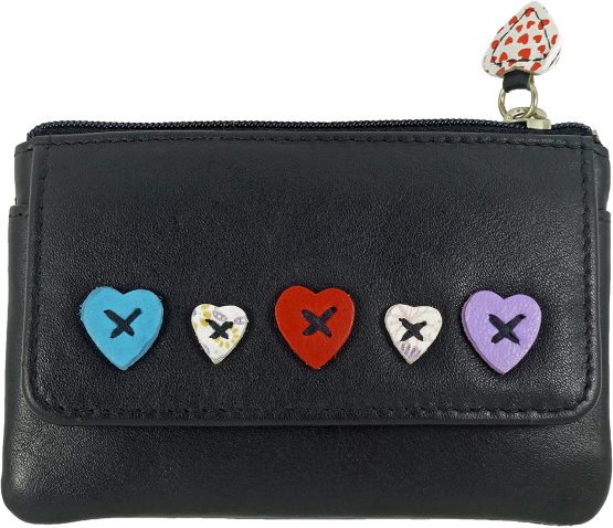 Ladies Small Leather RFID Blocking Coin, Key & Credit Card Purse with Heart Design (Black)
