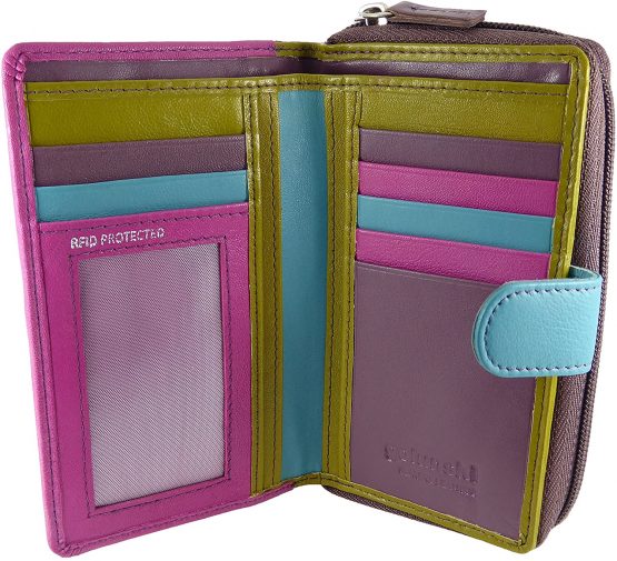 Ladies Multi-Coloured Leather Purse with RFID Protection for 7 Cards, Notes and Coins (Black)