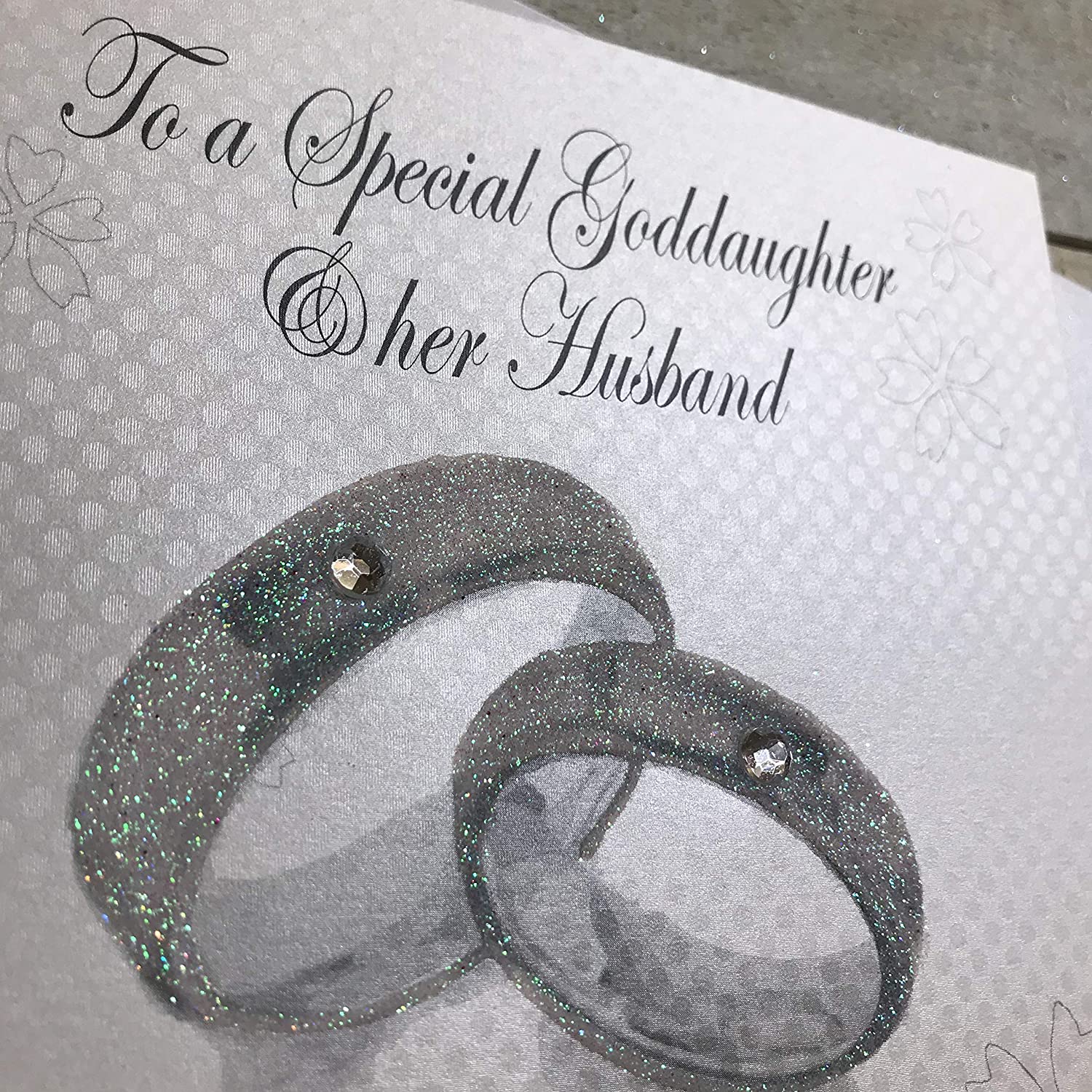 white cotton cards Handmade To a Special Goddaughter & Her Husband Congratulations On Your Wedding Day Wedding Bands Card, White, PD249 - Image 2