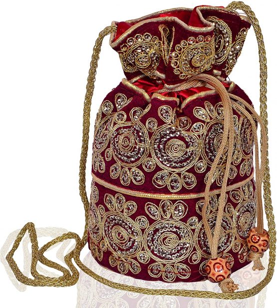 Purpledip Potli Bag (Clutch, Drawstring Purse) For Women With Intricate Gold Thread & Sequin Embroidery Work