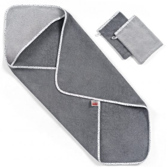 Hooded Baby Towel | 80x80cm Bath Towel for Newborn, Infant, Toddler & Kids | Plus 2x Bath Mitts | Oeko-Tex Certified | 100% Cotton - Grey