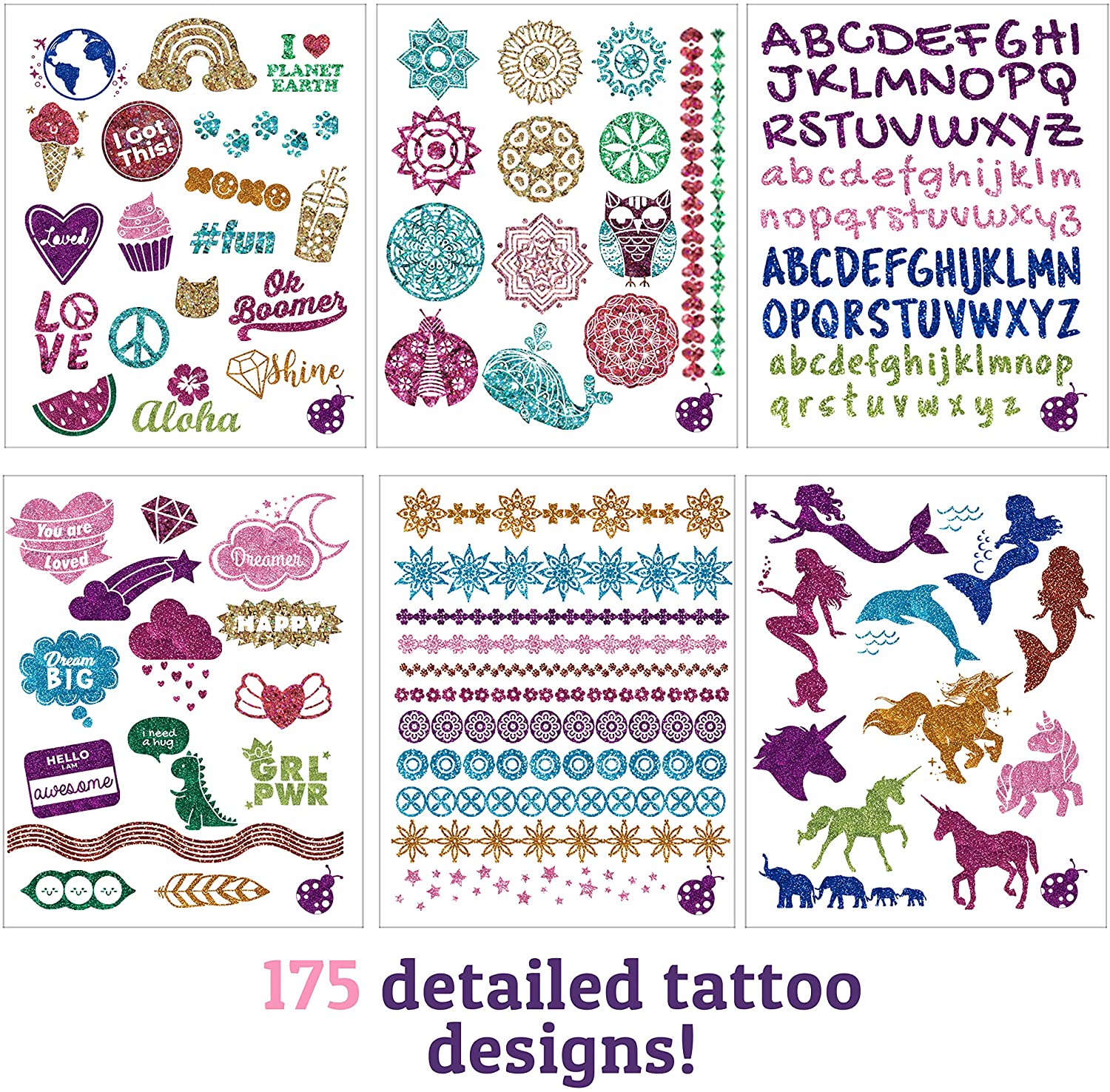 PURPLE LADYBUG Glitter Tattoo for Kids, Glitter Tattoo Kit 9 Colours, 175 Designs, 5 Year Old Girls Gifts - Image 4