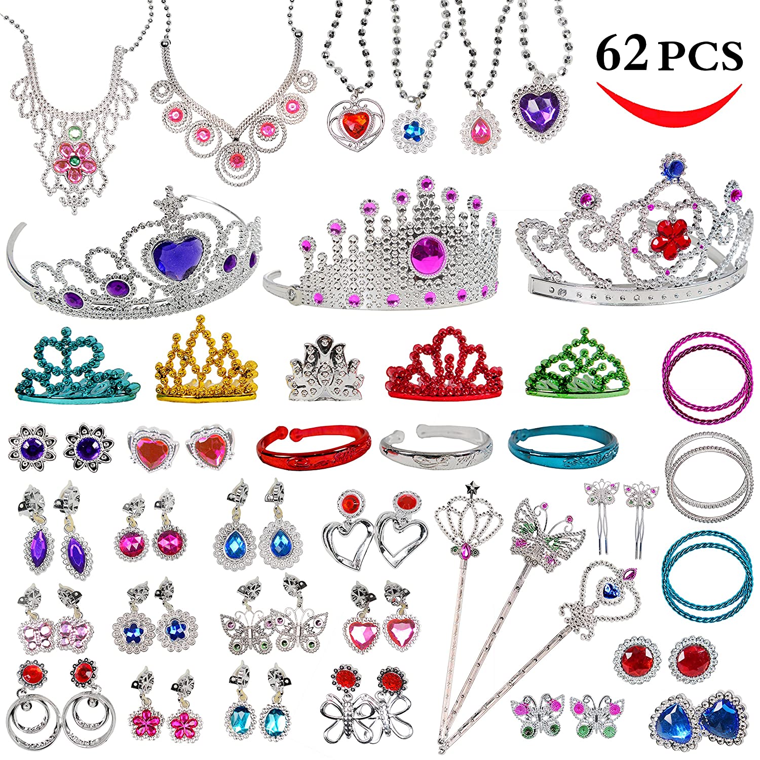Jewelry Toy,62 Pieces Princess Pretend Jewelry Toy Playset,Assorted Jewelry Dress Up Toys Rings,Earrings,Necklaces,Crowns,Bracelets,Wands for Girls Birthday Gift,Princess Party Favors