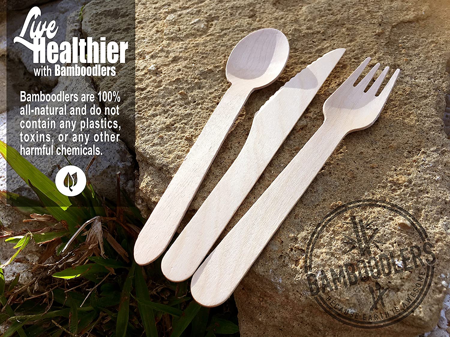 Disposable Wooden Cutlery set by Bamboodlers | 100% All-Natural, Eco-Friendly, Biodegradable, and Compostable - Because Earth is Awesome! Pack of 200- 16.5cm utensils (100 forks, 50 spoons, 50 knives) - Image 4