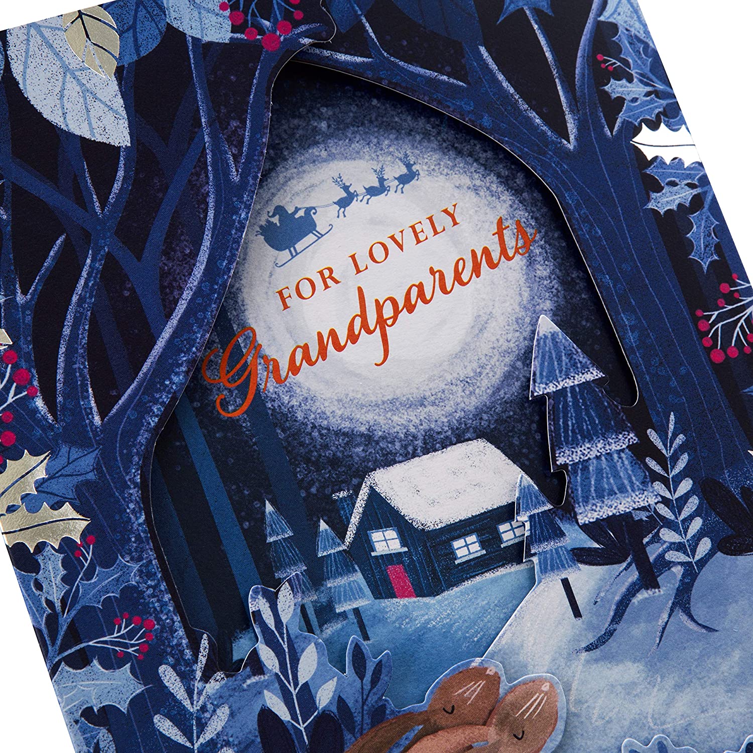 Hallmark Christmas Card for Grandparents - Traditional Rabbit Design, Blue, Purple & Silver, 22.8 cm by 15.9 cm - Image 3