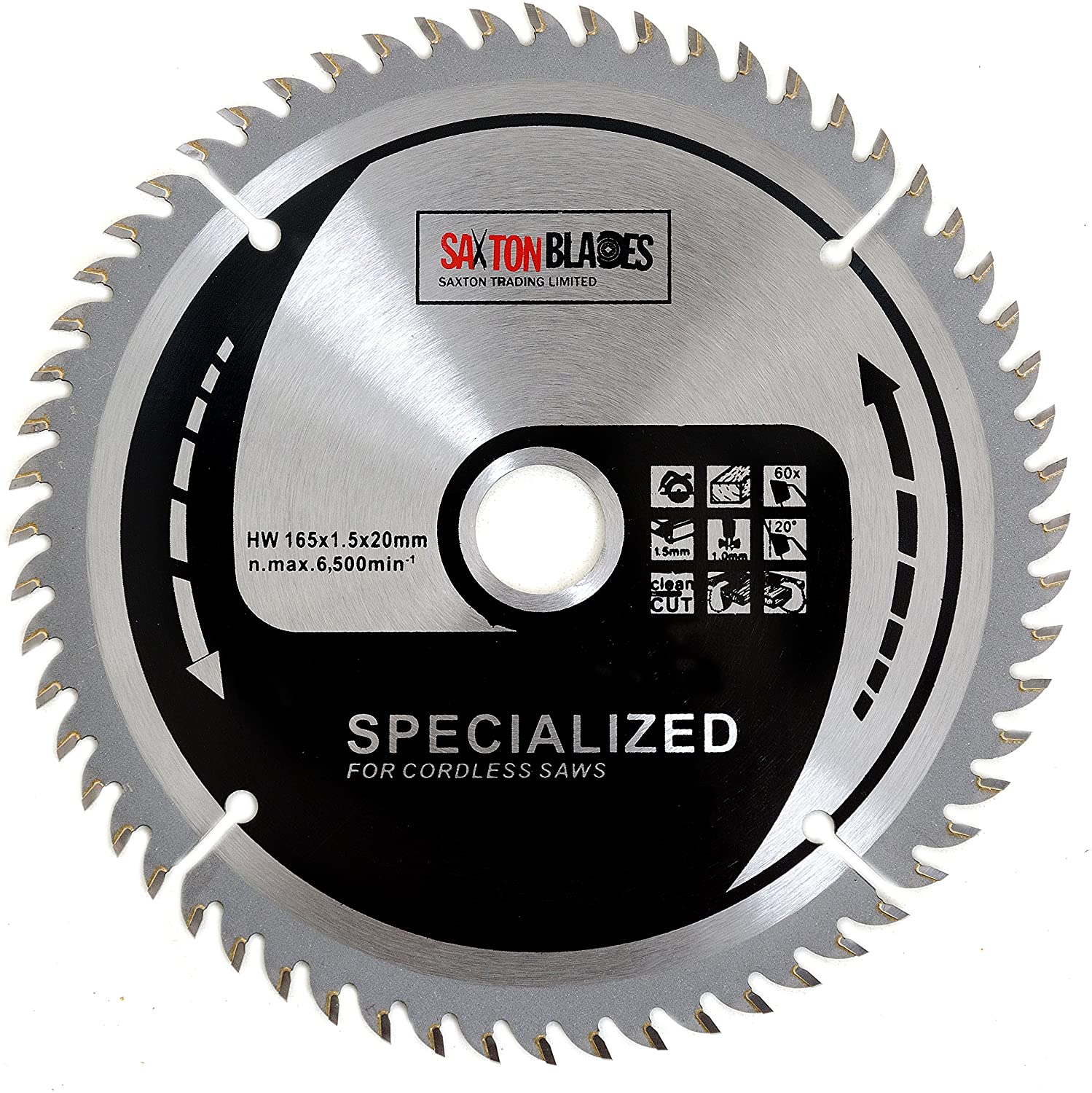 Saxton TCT16560T 165mm x 60t TCT Thin Kerf Cordless Circular Saw Blade Compatible with Dewalt Makita, Black