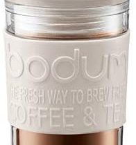 BODUM Travel French Press Coffee Maker Set with Extra Lid, Vacuum, 0.35 L/12 oz, White