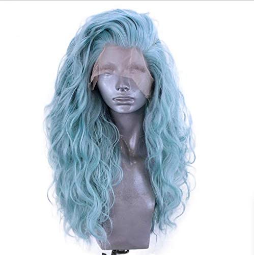 Royalvirgin Beauty Glueless High Temperature Heat Resistant Fiber Hair Long Wavy Mint Blue Synthetic Lace Front Wig Side Part for Drag Queen - Image 3