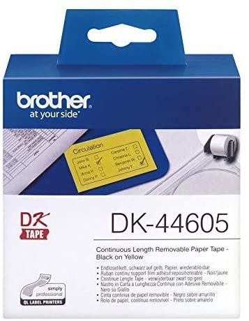 Brother DK-44605 Label Roll, Removable Continuous Length Paper, Black on Yellow, Single Label Roll, 62mm (W) x 30.48M (L)