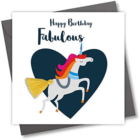Claire Giles Greeting Cards, Happy Birthday Card, Fabulous You Unicorn Design, Embellished with a Colourful Tassel
