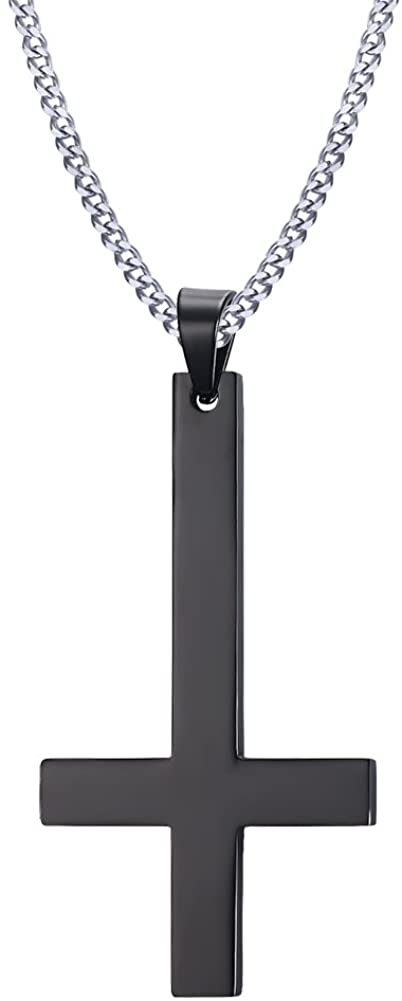 VNOX Men's Women's Stainless Steel Inverted Upside Down Cross Necklace Pendant with Cuban Chain Black,60cm
